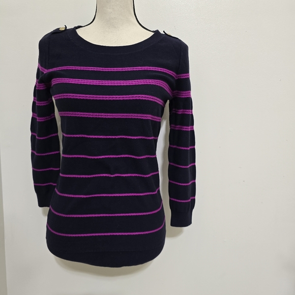 BANANA REPUBLIC size Small Striped Pullover‎ Sweater Button Classic Preppy Navy - Picture 2 of 13